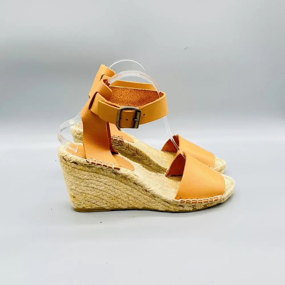 J Crew Sandals Womens 8 Brown Leather Espadrille Wedge Made Spain Shoes